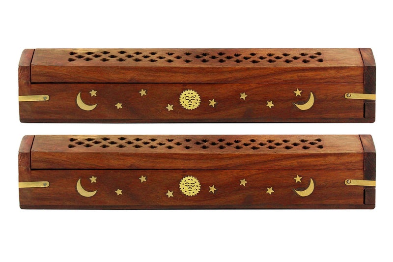 Cotton Craft Sheesham Wood Incense Burner Holder - Set of 2 Coffin Style Sun Moon Inlay Handmade Aromatherapy Room Freshener Fragrance Cone Incense Stick Burner Ash Catcher - Zen Home Gift - 12x2x2 - COTTON CRAFT - Image 1